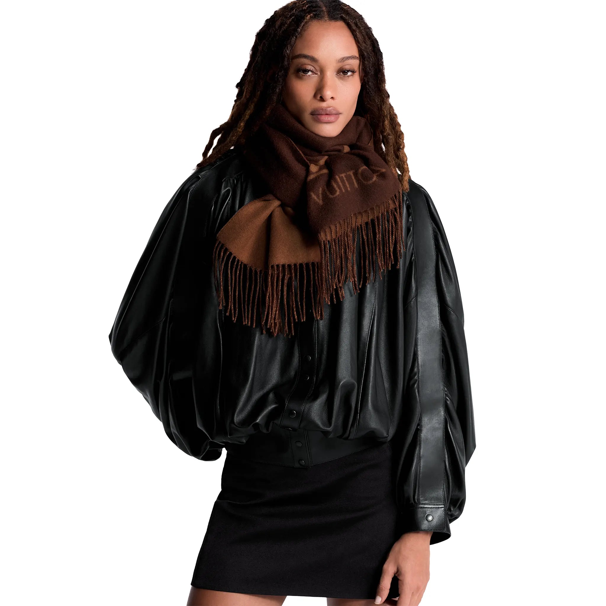 Model View of Louis Vuitton Reykjavik Marron Fonce Scarf M78125